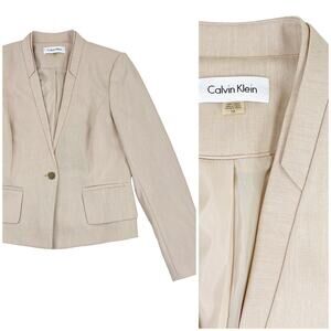 Calvin Klein Collarless Cropped Blazer Womens 10 Beige Tan Minimalist Effortless